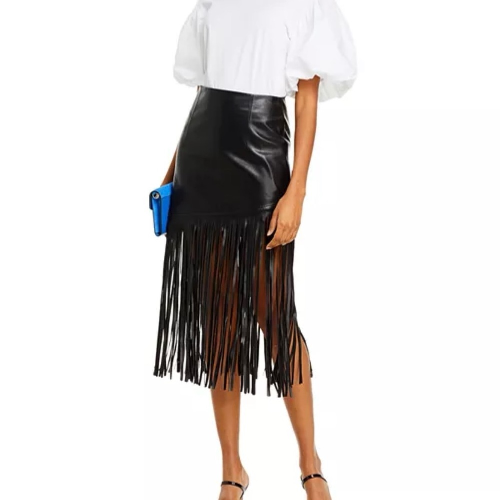 BAGATELLE.NYC Fringed Faux Leather Midi Skirt